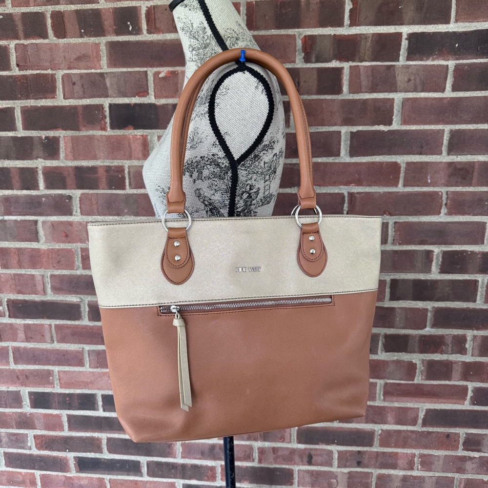 Nine West Tan & Cream Tote Bag Large Colorblock Shoulder Handbag Faux Leather